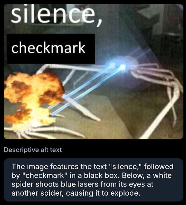 The image features the text "silence," followed by "checkmark" in a black box. Below, a white spider shoots blue lasers from its eyes at another spider, causing it to explode.
