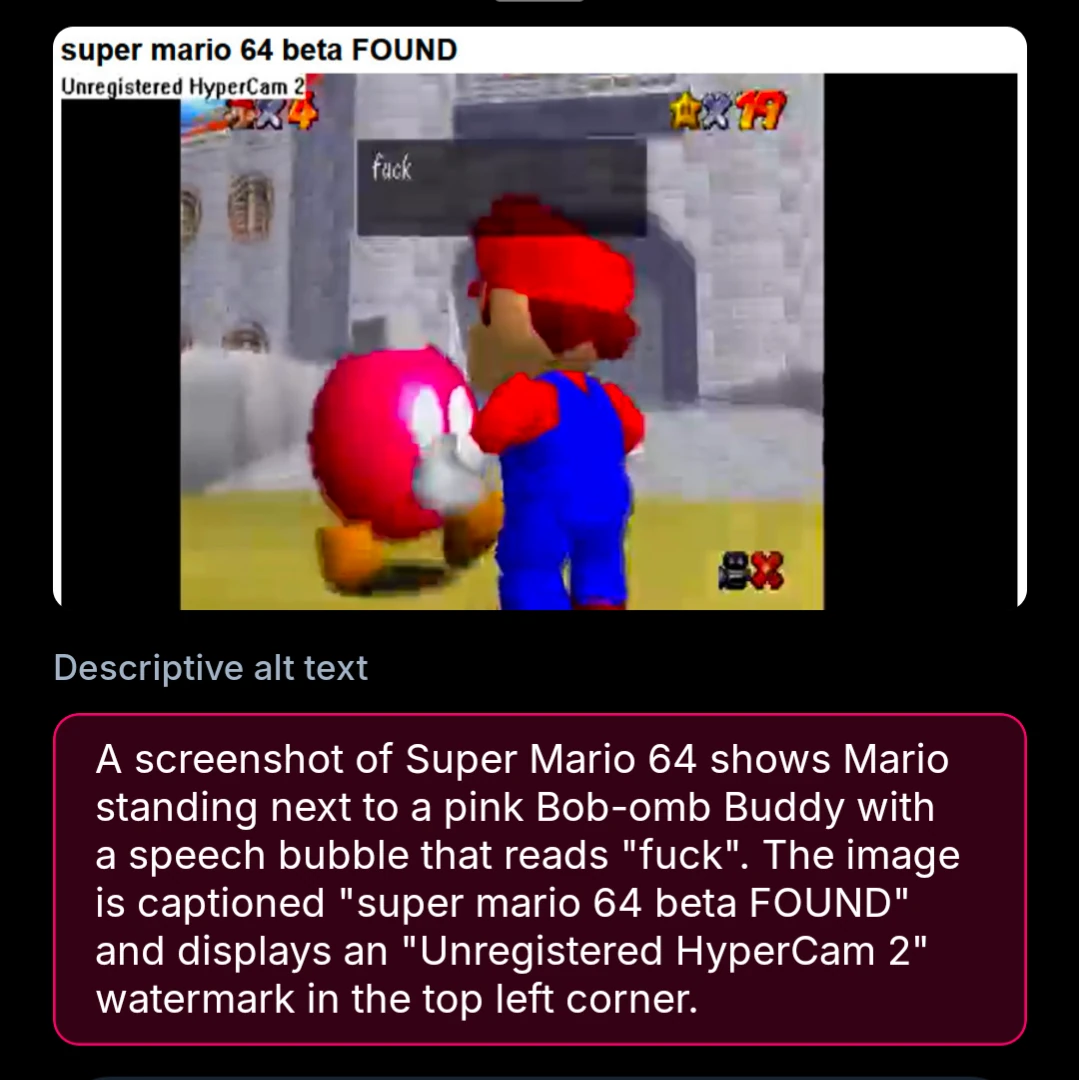 A screenshot of Super Mario 64 shows Mario standing next to a pink Bob-omb Buddy with a speech bubble that reads "fuck". The image is captioned "super mario 64 beta FOUND" and displays an "Unregistered HyperCam 2" watermark in the top left corner.