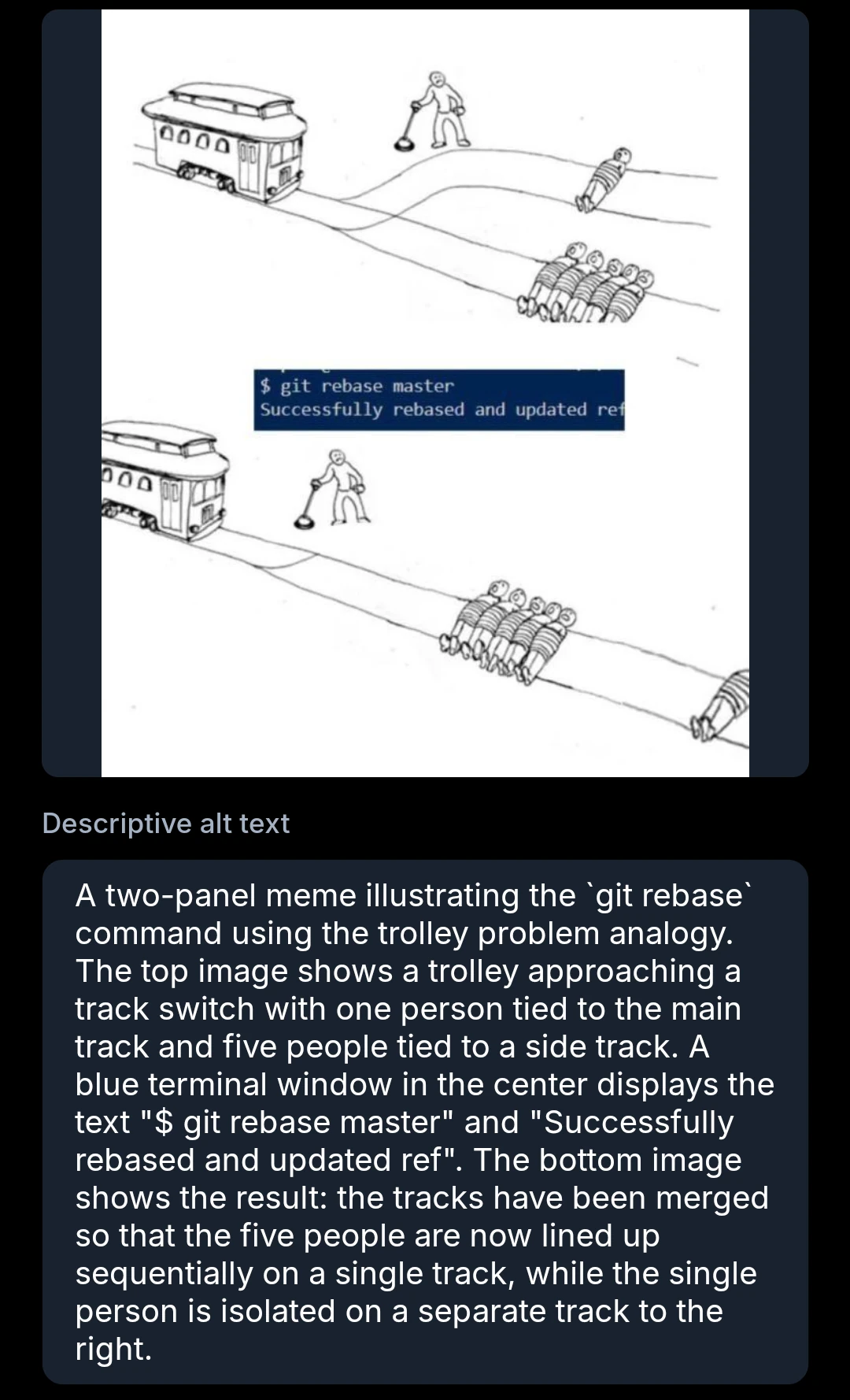 A two-panel meme illustrating the 'git rebase' command using the trolley problem analogy. The top image shows a trolley approaching a track switch with one person tied to the main track and five people tied to a side track. A blue terminal window in the center displays the text "$ git rebase master" and "Successfuly rebased and updated ref". The bottom image shows the result: the tracks have been merged so that the five people are now lined up sequentially on a single track, while the single person is isolated on a separate track to the right.