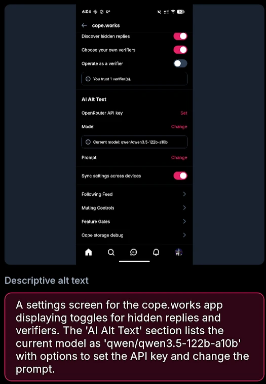 A settings screen for the cope.works app displaying toggles for hidden replies and verifiers. The 'AI Alt Text' section lists the current model as 'qwen/qwen3.5-122b-a10b' with the options to set the API key and change the prompt.